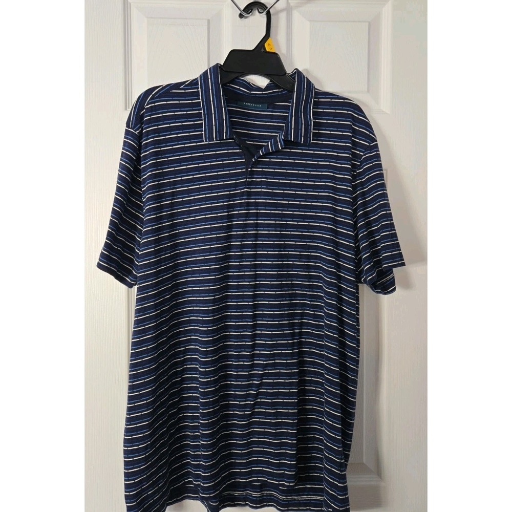 Perry Ellis Mens Short Sleeve Polo Size 2XL Navy & White 3/4 Button Up Plaid